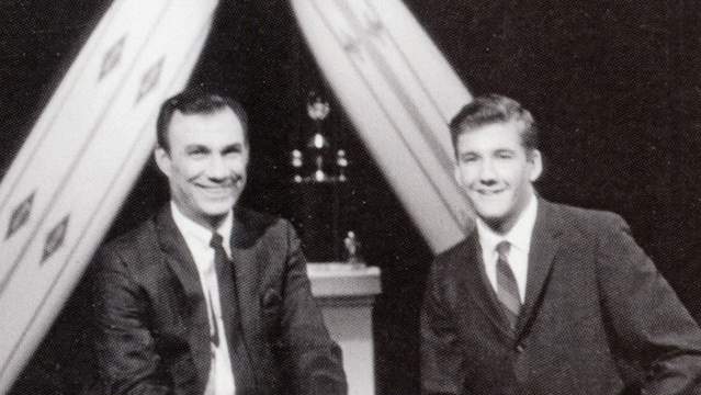 Greg MacGillivray, right, on set of Surf's Up TV show, around 1965