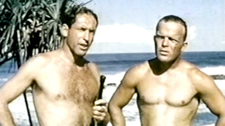 Buzzy Trent and Peter Cole, big-wave surfers, in Hawaii