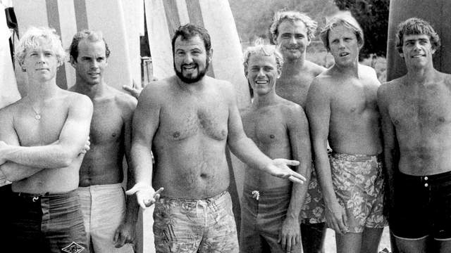 John Milius, with Big Wednesday surf crew, 1977