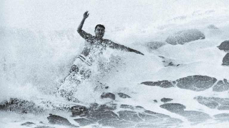 JJ Moon wipes out on a frothy wave in Southern California.