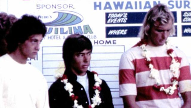 (L to R) Shaun Tomson, James Jones, Ian Cairns, 1974 Duke contest