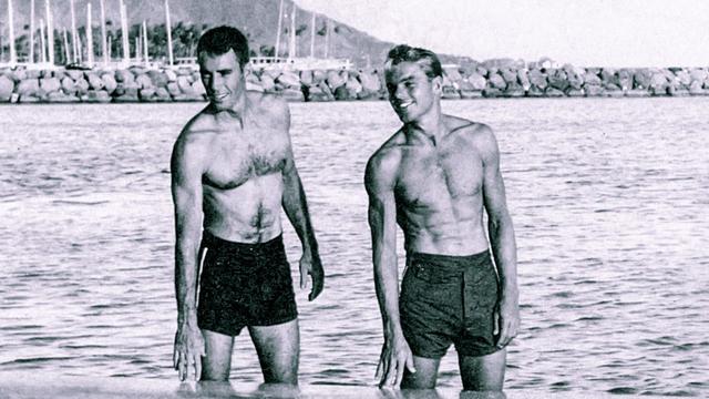 Joe Quigg (left) and Tom Zahn, Waikiki, 1948
