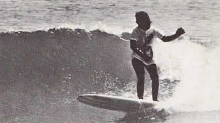 A surfer in the 1960s Women's Surfing Contest at Point Pleasant Bench in New Jersey