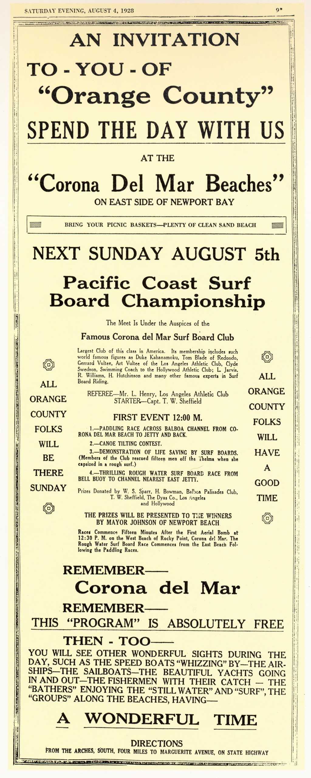 Advertisement for 1928 Pacific Coast Surf Board Championship, Corona Del Mar