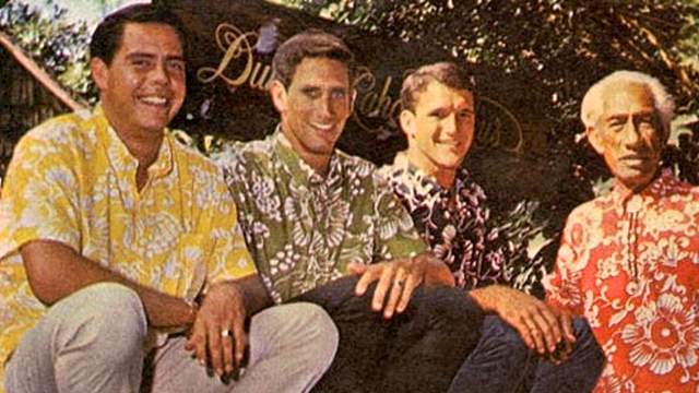The Duke Kahamamoku surf team, 1966. (L to R): Paul Strauch, Joey Cabell, Fred Hemmings, Duke