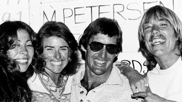 Jeff Hakman, in sunglasses, 1976 Rip Curl Bells winner