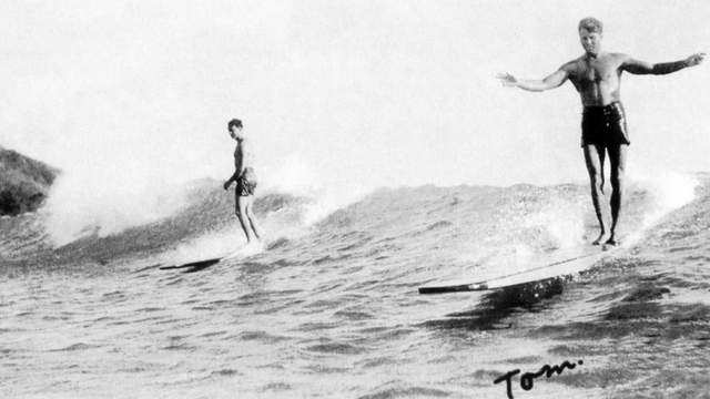 Tom Blake on a hollow surfboard, Waikiki, 1930s