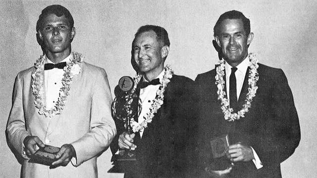 (L to R) Ron Stoner, LeRoy Grannis, Don James; 1966 Surfing Hall of Fame awards