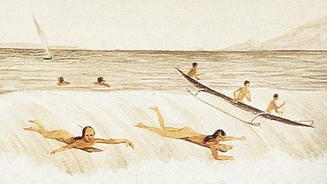 Canoe surfing in Hawaii; illustration from 1855