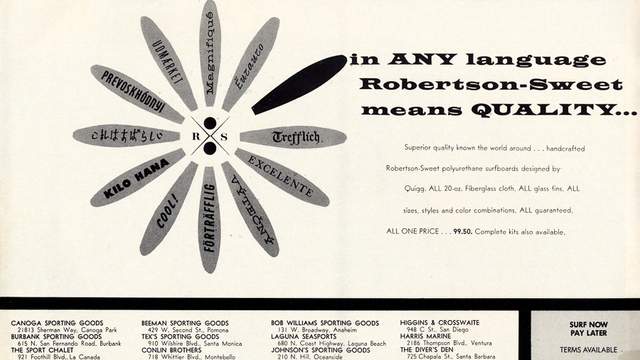 1960 ad for Robertson-Sweet surfboards; co-owner Roger Sweet was Dave's brother