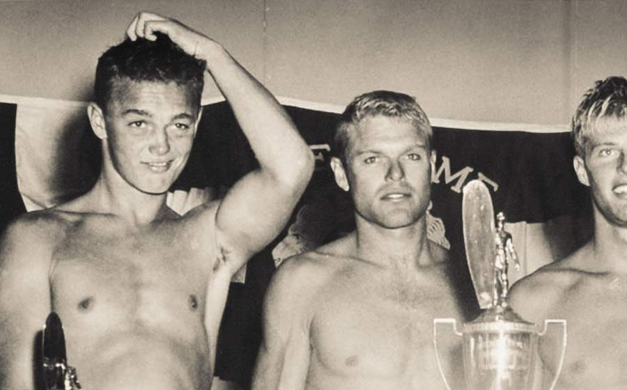 California lifeguard-surfers Greg Noll (left) and Tom Zahn (center), 1956 