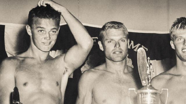 California lifeguard-surfers Greg Noll (left) and Tom Zahn (center), 1956