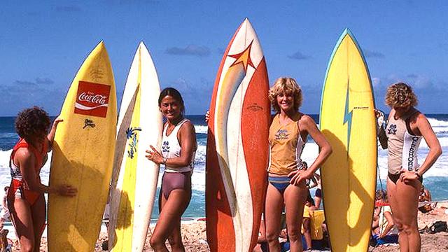 (L to R) Jericho Poppler, Rell Sunn, Lynn Boyer, unknown, 1979