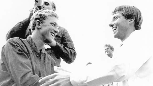 Felipe Pomar, right, and Nat Young, 1965 World Championships, Peru. Photo: John Severson