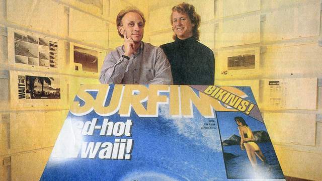 Bob Mignogna, left, and Surfing editor Bill Sharp, 1988. Photo: Paul Kuroda