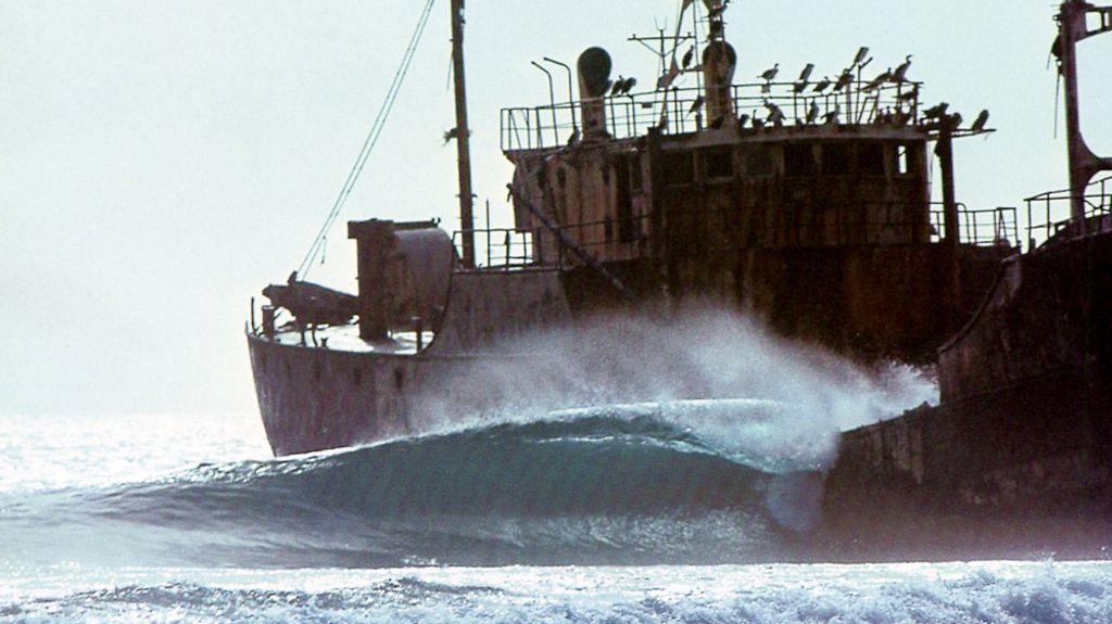 wave and shipwreck in western sahara, 1975