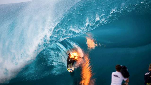 Tim Bonython shoots stunt-surfer Jamie O'Brien, Teahupoo, 2014