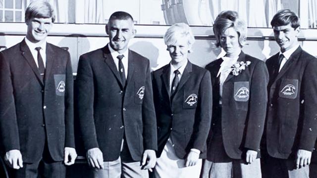 Margie Smith, center, with 1966 Springbok surfing team