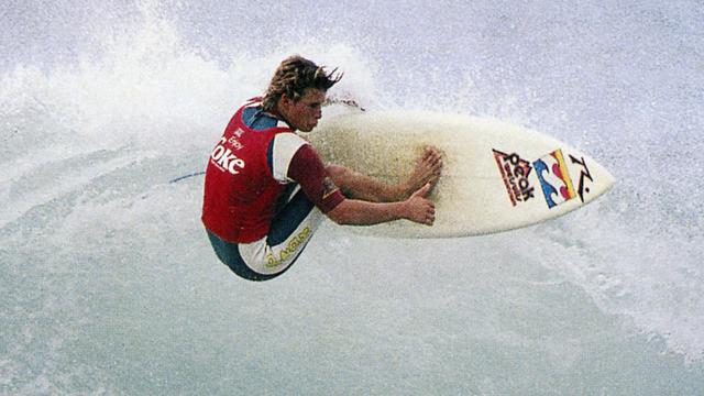 Mark Occhilupo on a Preisendorder-shaped board, 1987. Photo: Peter Simons