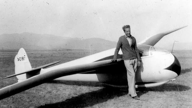 Woody Brown with glider, late 1930s