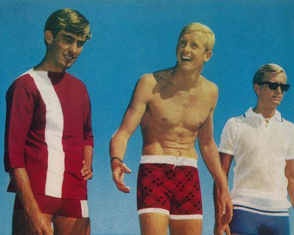 Queensland surfer Ken Adler, center, in a 1966 Catalina Surfwear ad