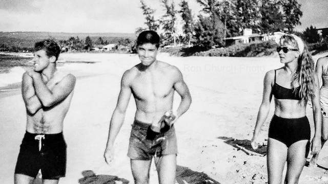 Jose Angel, center, on the beach near Outside Log Cabins, 1963