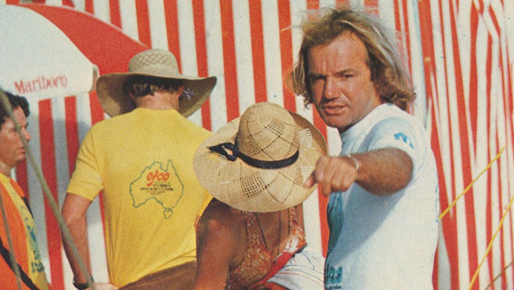 peter drouyn at the 1977 stubbies classic surfing contest, burleigh heads