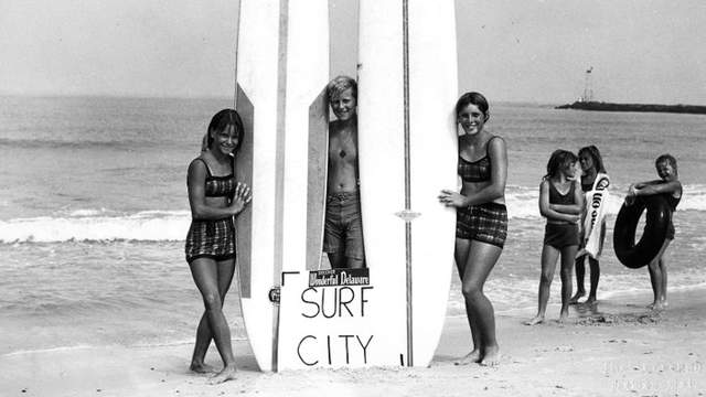 Surfers at the Indian River Inlet, mid 1950s. 
