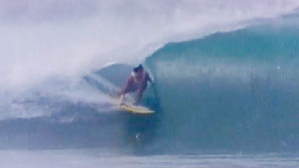 Michael Ho surfing in the 1982 Pipeline Masters. Frame grab by Chris Bystrom