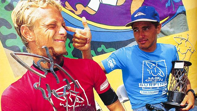 Shane Beschen (left) and Kelly Slater, 1994 US Open. Photo: Mike Balzer
