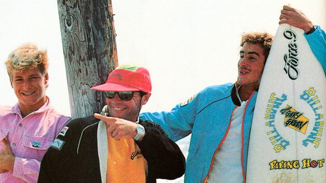 (L to R) Mark Occhilupo, Joe Engel, Gary Green, 1984 Billabong ad