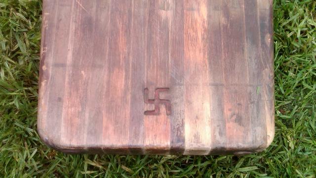 Back end of Swastika model surfboard from Pacific Systems Homes, mid-'30s