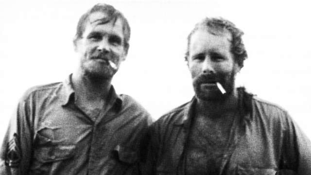 Roger Erickson (right) and Nick Nolte, on "Farewell to the King" set, 1988
