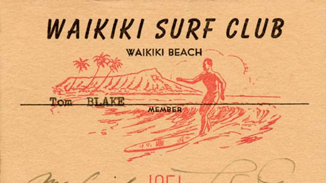 Tom Blake's Waikiki Surf Club card, signed by John Lind