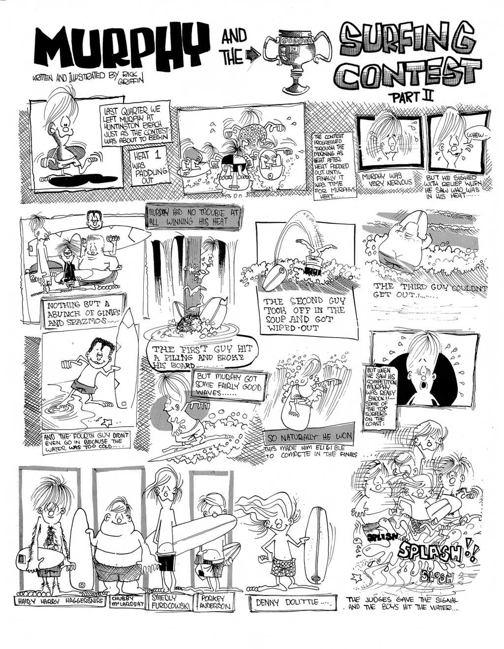 Surf cartoon "Murphy and the Surfing Contest" by Rick Griffin in SURFER Magazine in the 1960s