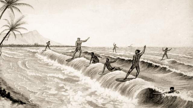 Engraving of 19th century surfers riding alaia boards