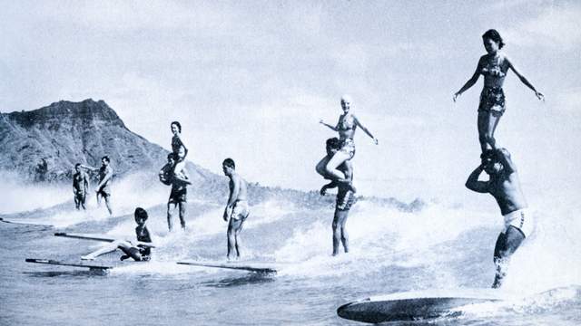 Waikiki tandem surfers, mid-1950s