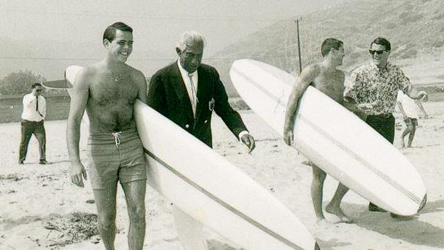 (L to R) Paul Strauch, Duke Kahanamoku, Butch Van Artsdalen, Fred Hemmings, 1966