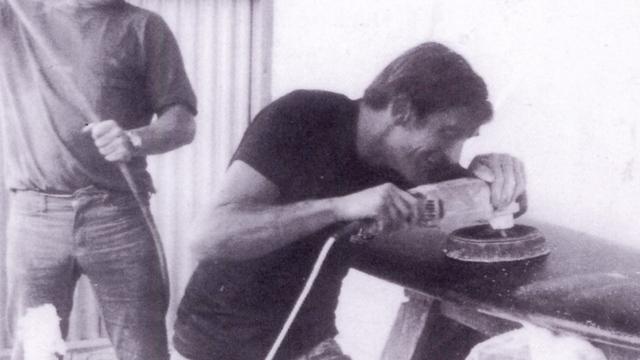 Peter Way, right, clowning around in the factory, 1968