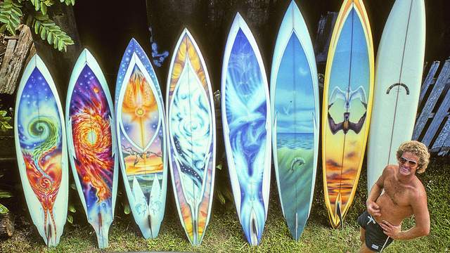 Terry Fitzgerald with boards airbrushed by Martyn Worthington, 1974. Photo: Jeff Divine