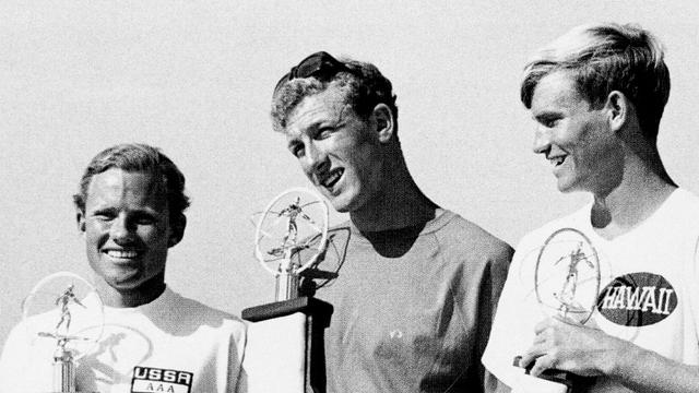 (L to R) Corky Carroll, Nat Young, Jock Sutherland. Photo: LeRoy Grannis