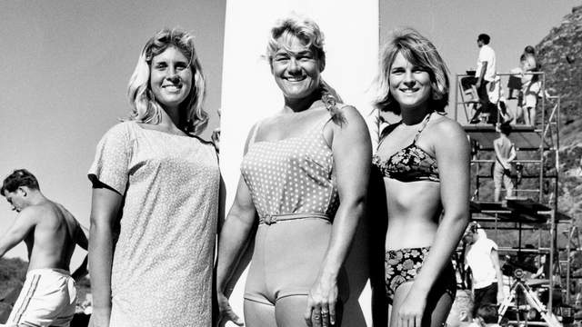 (L to R) Candy, Marge, and Robin Calhoun, Makaha, around 1963. Photo: Clarence Maki