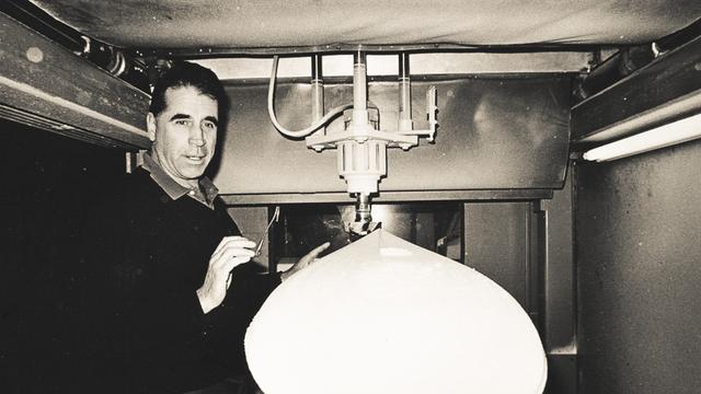 Michel Barland and shaping machine, 1984. Photo: Darrell Jones