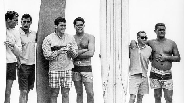 (Left to right) Doyle, Velarde, Hemmings, Strauch, Munoz, Keaulana. Photo: John Severson/SURFER
