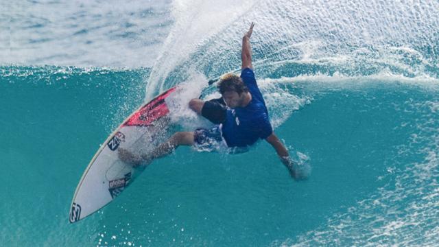 Taj Burrow on balsa-railed Firewire surfboard, 2007. Photo: Tim Jones