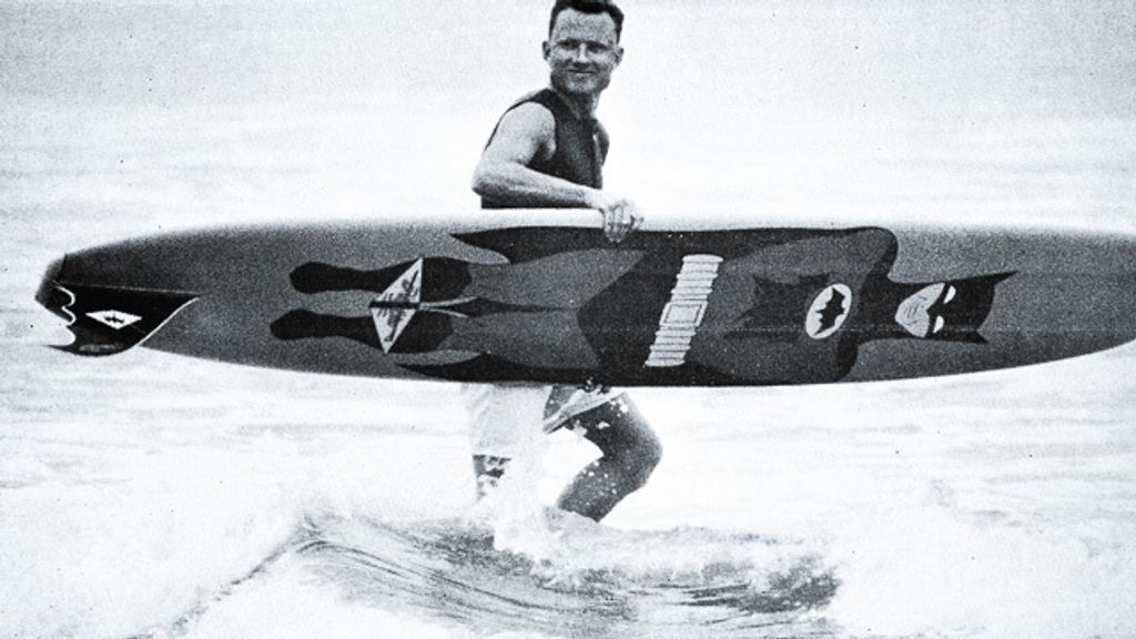 Corky Carroll and his Batman surfboard in 1966