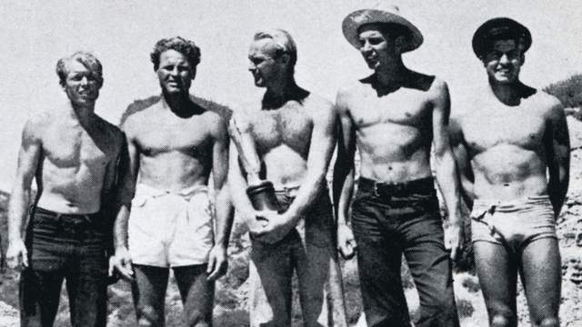Pete Peterson, center, winner of 1941 Pacific Coast Surf Riding Championships. Photo: Doc Ball