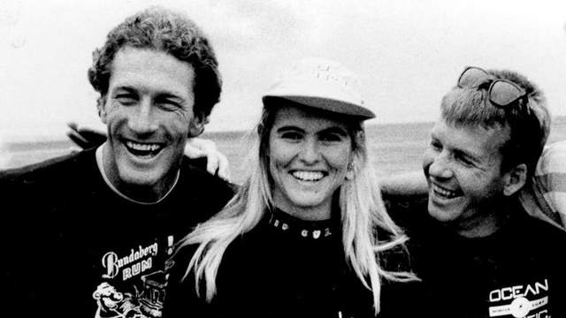 Pam Burride with Nat Young (left) and Gary Elkerton, 1990. Photo: Antonin Cermak