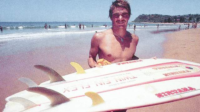 Glen Winton and six-fin board. 1983. Photo: Guy Finlay