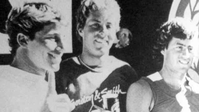(L to R) Mike Lambresi, Charlie Kuhn, Tom Curren, 1986